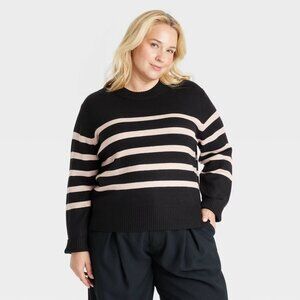 A New Day Womens Plus Size 2X Soft Crewneck Pullover Sweater in Black Striped